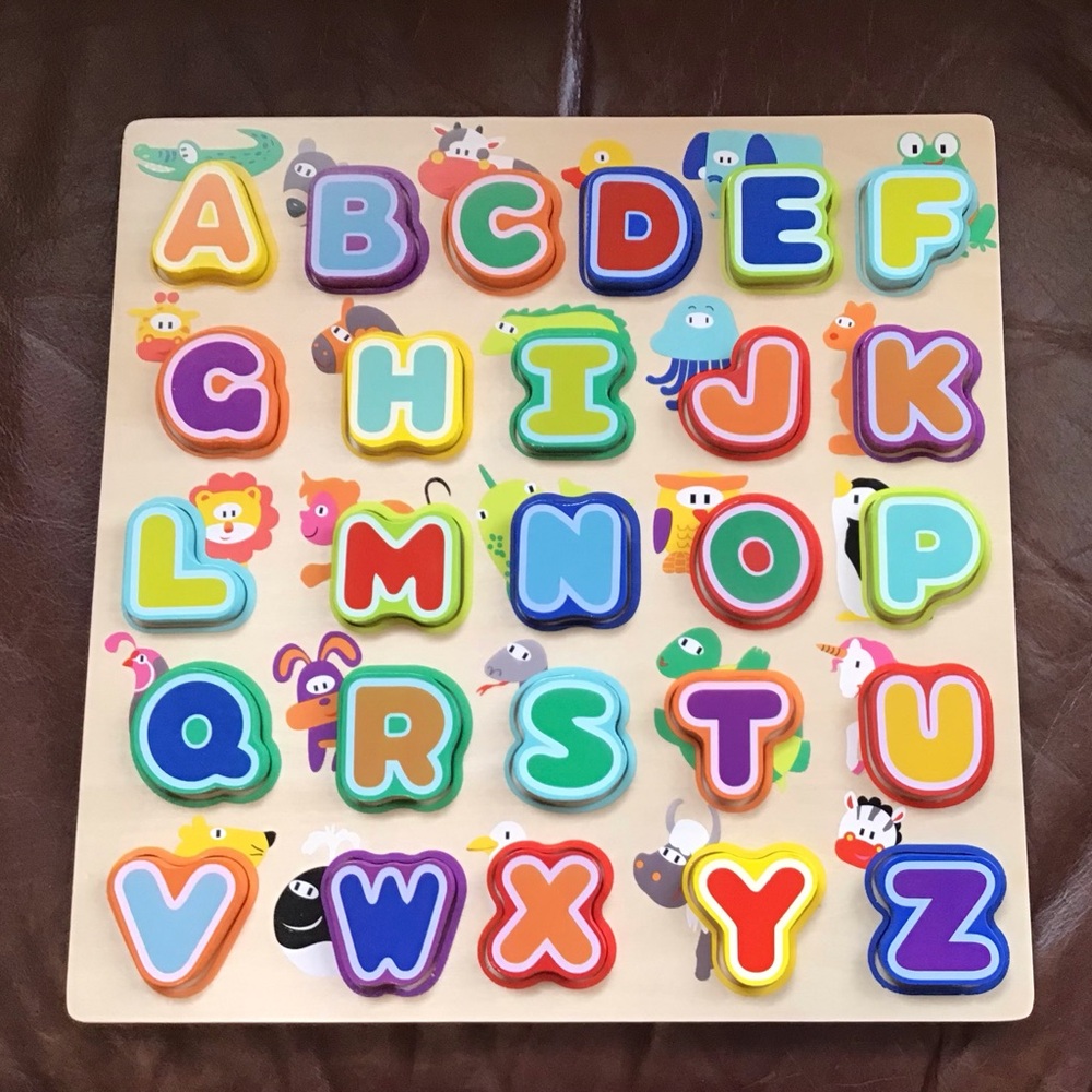 Colorful Wooden Uppercase Alphabet Puzzle Board with Animal Namess